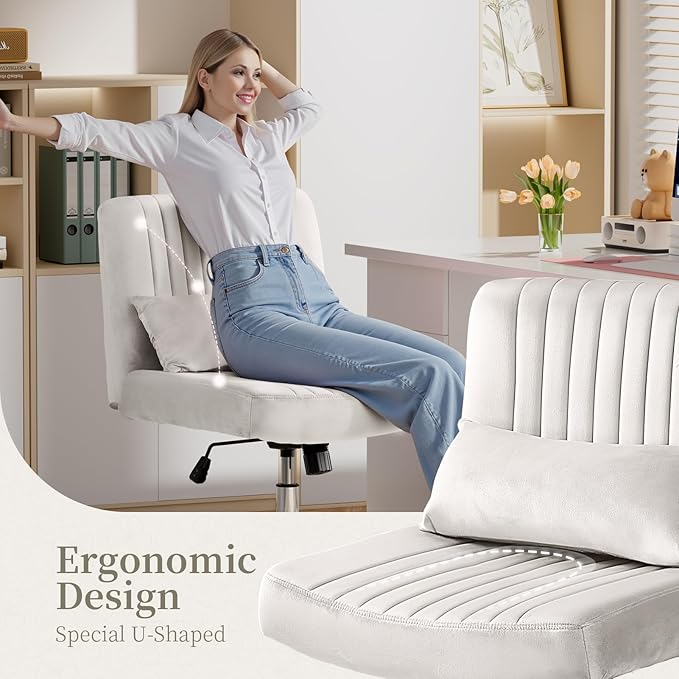 Warmiehomy Velvet Office Chair, Luxury Criss Cross Chair with Wheels, Comfy Cross Legged Desk Chair for Home Office, Stylish Vanity Chair, Wide Seat Computer Chair, Best Gift for Girls, White