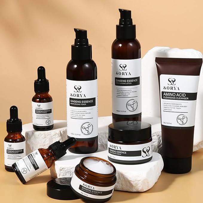 SORYA Korean Red Ginseng Skin Care Set (8-Piece) – Complete Daily Skincare Routine with Cleanser, Toner, Serum, Lotion & Moisturizer