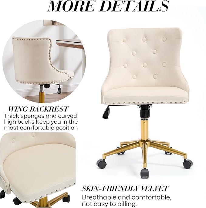 Velvet Armless Home Office Desk Chair, Swivel Height-Adjustable Small Cute Vanity Chair for Women/Girls, Comfy Makeup Chair with Rivet and Gold Base for Living Room, Bedroom(Beige)
