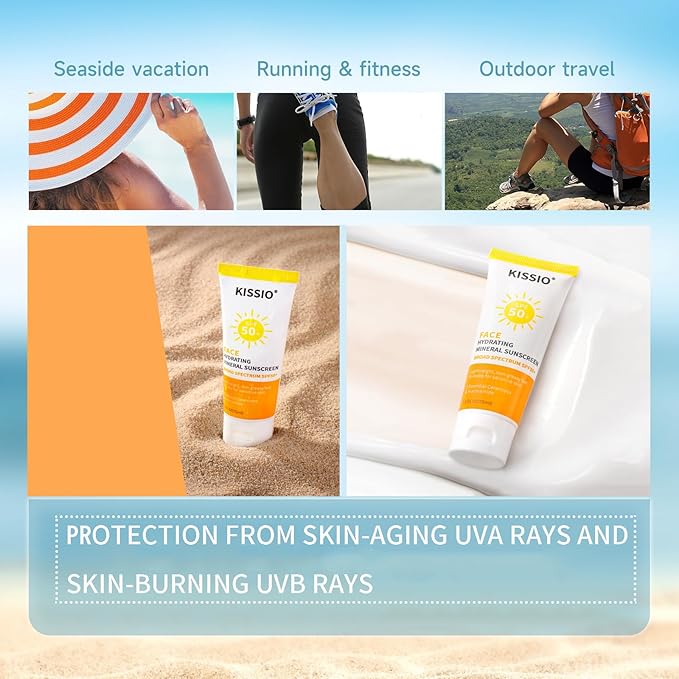 KISSIO Sunscreen For Face,with Zinc Oxide and Titanium Dioxide,Broad Spectrum Sunscreen,SPF 50,Hydrating Mineral,Non-greasy,Suitable for Sensitive Skin,2.5 FL OZ