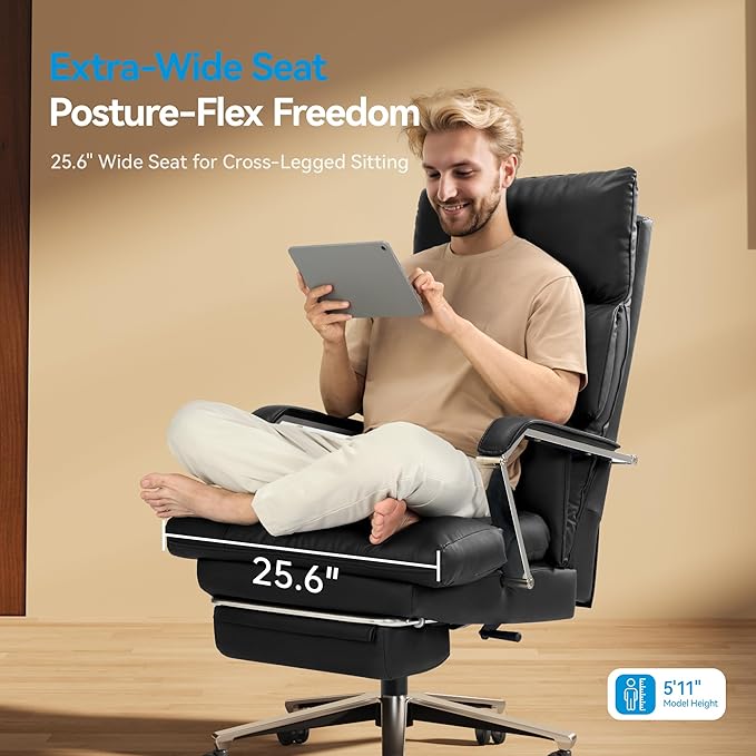 M76 160° Reclining Executive Office Chair with Footrest, Adjustable Seat Depth, 10" Thick Cloud Cushion Desk Chair, 420lb Heavy Duty High Back Leather Desk Chair for Home Office, Black