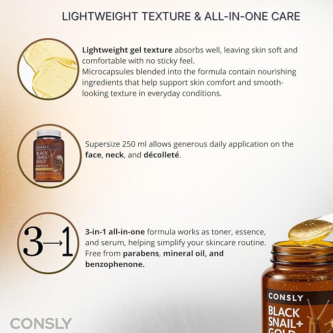 Black Snail & Gold All-in-One Ampoule – Nourishing Gel Serum, 3-in-1 Toner Essence Serum, Snail Mucin Facial Serum for Firm-Looking Skin, Face & Neck, 250 ml / 8.45 fl oz