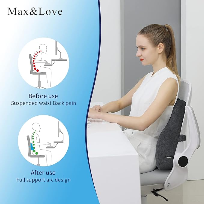 Max&Love Lumbar Support Pillow Cover Ergonomic Design Orthopedic Backrest for Back Pain Relief Memory Foam Back Support for Office Chair Computer Chair Car Seat Recliner and Couch (Dark Gray)
