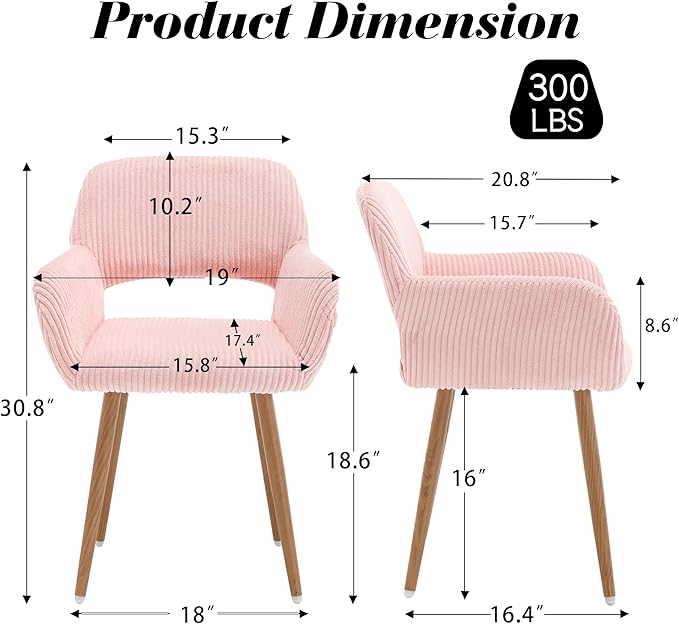 KCC Small Modern Dining Room Arm Chairs Set of 4, Mid-Century Upholstered Corduroy Fabric Side Seat Club Guest with Metal Tube Legs for Kitchen, Living Room, Pink