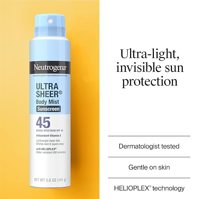 Neutrogena Ultra Sheer Body Mist Sunscreen Spray, Broad Spectrum SPF 45, Lightweight Spray Sunscreen, Non-Greasy & Water Resistant, Oil-Free & Non-Comedogenic UVA/UVB, 5 oz Pack of 3