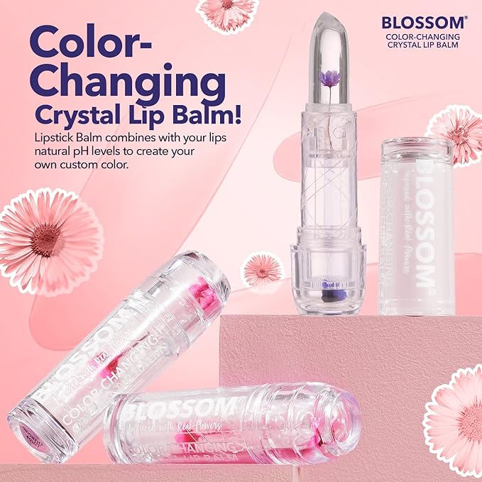 Blossom Lip Gloss Moisturizing pH Lip Balm, Strawberry Scented Color Changing Crystal Lip Stain Tint, Infused with Real Flowers, 3g, Purple