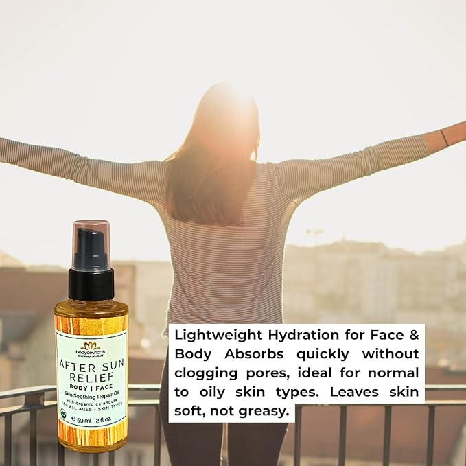 Organic Calendula After Sun Oil – Moisturizing Face and Body with Olive Oil and Vitamin E, Lightweight Formula for Normal to Oily Skin, 2 oz