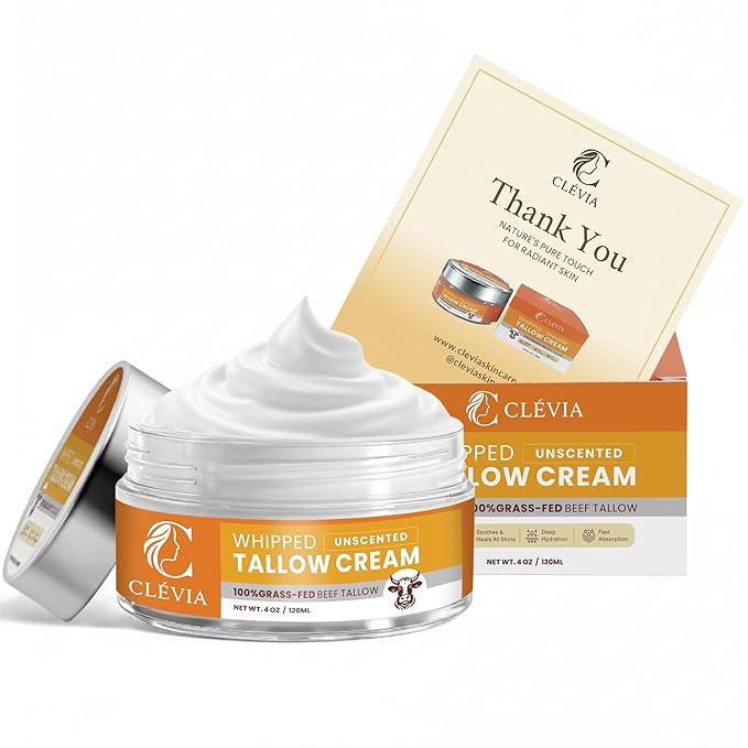 100% Grass-Fed Whipped Tallow Cream - 4 OZ Anti-Wrinkle Face+Body Balm – Organic Beef Tallow with Jojoba Oil – Deep Hydration for Dry, Sensitive & Irritated Skin (Unscented)