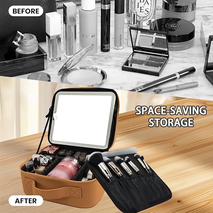 Makeup Bag with Led Mirror,Portability Cosmetic Case Portable Cosmetic Brush Organizer Bag with Adjustable Dividers,Gift for Women,Girls Gift (Light Brown)
