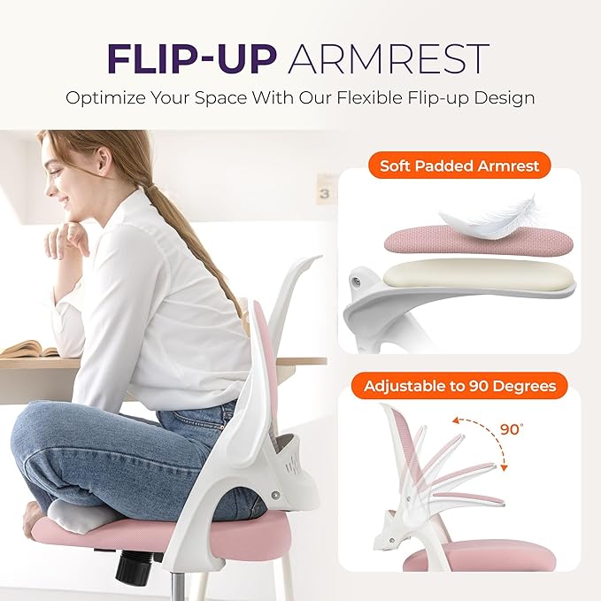 NEO Chair Office Desk Computer Gaming Ergonomic Chair with Lumbar Back Support Adjustable Height Swivel Wheels Flip-up Arms Mesh Chair for Home or Office (Pink)