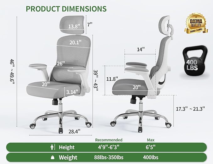 Ergonomic Office Chair - Computer Desk Chairs Comfy, Mesh High-Back Gaming Chair with Adjustable Lumbar Support, Executive Task Chair for Adults, Comfortable for Long Hours (Gray)
