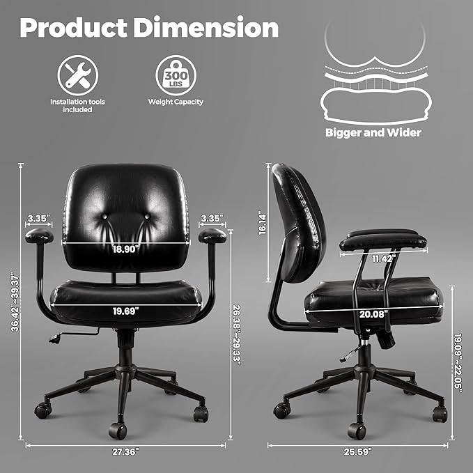 ovios Ergonomic Office Chair, Mid Back Faux Leather Executive Chairs with Thick Cushion, Comfy Mid-Century Modern Swivel Rolling Computer Armchair (Black, PU Leather)