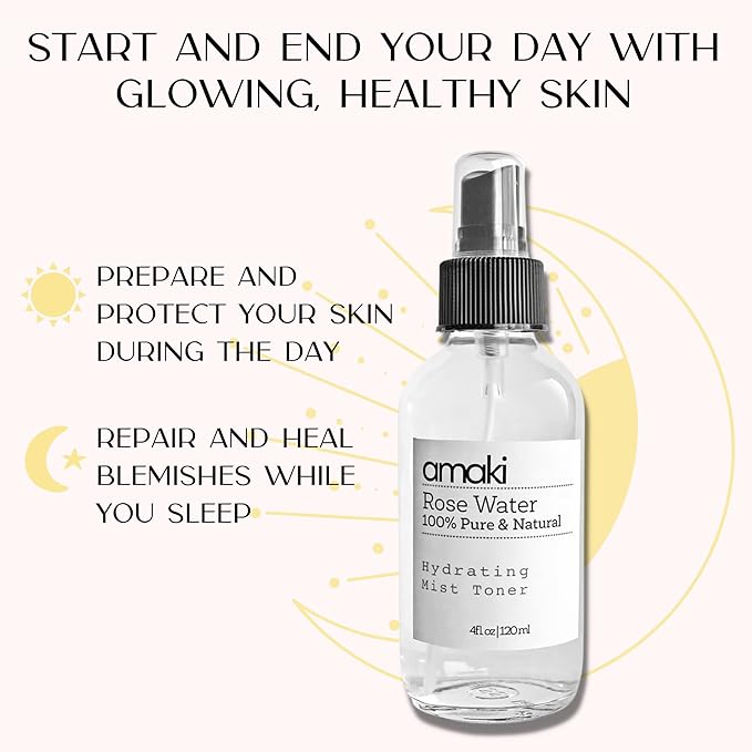 Amaki Pure Rose Water Mist Toner - Alcohol Free - The Best Moisturizer for Mature, Acne Prone Skin Reduce Blackheads, Pimples and Adult Acne While Restoring Hydration Even to Overly Dry Skin