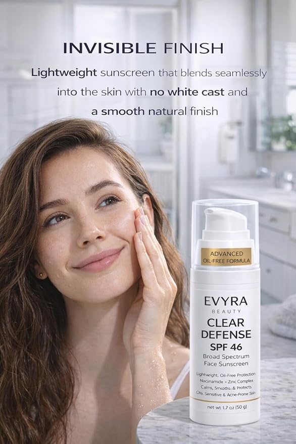 EVYRA Clear Defense SPF 46 Sunscreen Lotion for Face Broad Spectrum UV Protection, Niacinamide + Zinc PCA Oil Control, Lightweight Non-Greasy, No White Cast, Water-Resistant, For Oily/Acne-Prone Skin