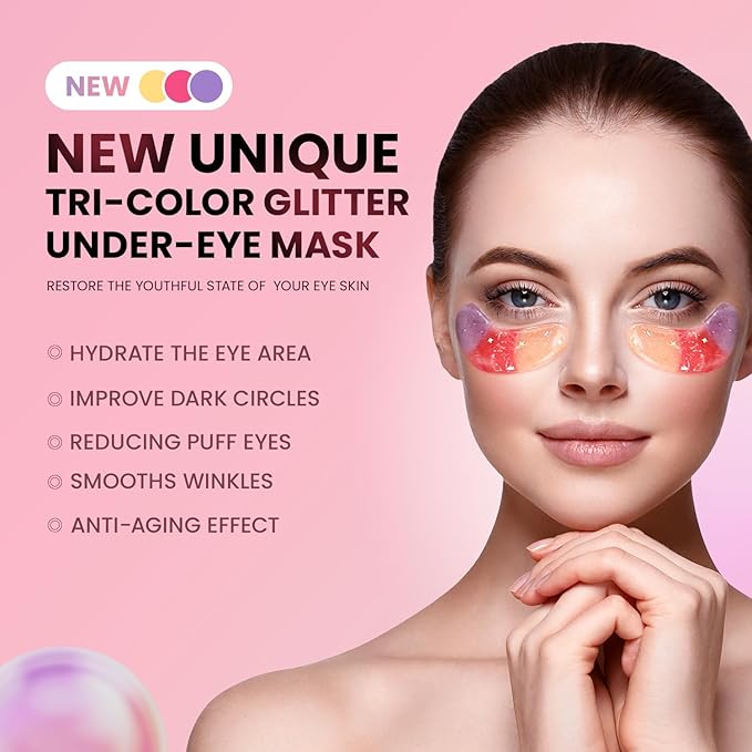 Under Eye Patches (24 Pairs) - Tri-color Glitter Eye Gel Pads for Dark Circles, Puffy Eyes, Under eye Bags, Wrinkles | Natural Collagen Under Eye Mask Patches, Easter Basket Stuffers