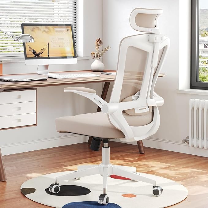 Ergonomic Office Chair with Adjustable Lumbar Support & Flip-Up Armrests - High Back Computer Desk Chair with Thickened Seat Cushion, Rolling Wheels for Home/Office Study Work (07khaki)