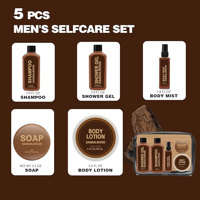 Gifts for Men 6pcs Sandalwood Gift Set Bath Sets with Shampoo, Shower Gel, Soap, Body Lotion, Body Wash Mens Gifts Birthday Anniversary Gift Sets for Men, Christmas Self Care Fathers Day Gift