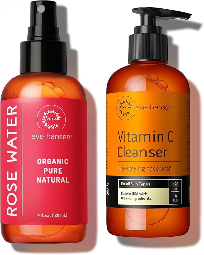 Eve Hansen Vitamin C Cleanser & Organic Rose Water Spray Bundle - Anti-Aging Facial Cleanser (4 oz) + Rosewater Toner & Setting Spray (4 oz)