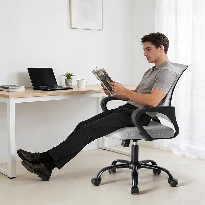 NEWBULIG Computer Desk Office Chair, Ergonomic Mid-Back Swivel Rolling Chair with Breathable Backrest and Lumbar Support Wheels, Mesh Office Chairs for Adults Home Task Gaming， Gray 1 Pack