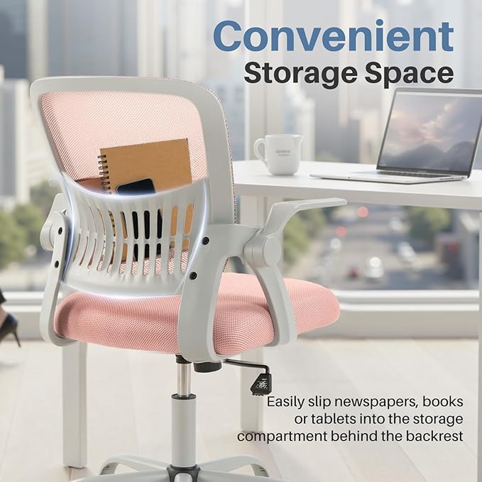 DUMOS Home Office Computer Chair - Ergonomic Mid Back Desk with Lumbar Support and Rocking Mode, Height Adjustable with Flip-up Armrest, for Conference Meeting Room, 360° Swivel, Adults, Pink
