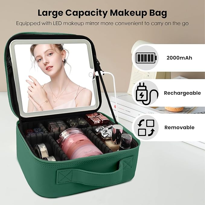 Makeup Bag with Led Mirror,Portability Cosmetic Case Portable Cosmetic Brush Organizer Bag with Adjustable Dividers,Gift for Women,Girls Gift (Dark Green)