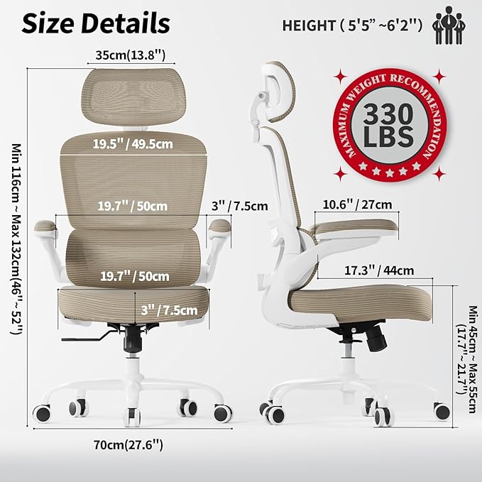 TRALT Ergonomic Office Chair - Desk Chair with Adjustable Headrest Lumbar Support Computer Chair - Mesh Comfy Chair with Flip-up Armrests - Gaming Chairs for Adults Home Office (PU Leather,Khaki)