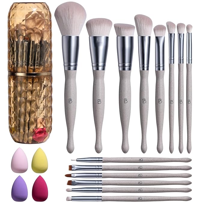 BS-MALL Makeup Brushes Set – Premium 14 Pcs Brush Collection with 4 Pcs Mini Sponges & Case, Perfect for Travel, Complete Beauty Tools for Women (Wheat straw)