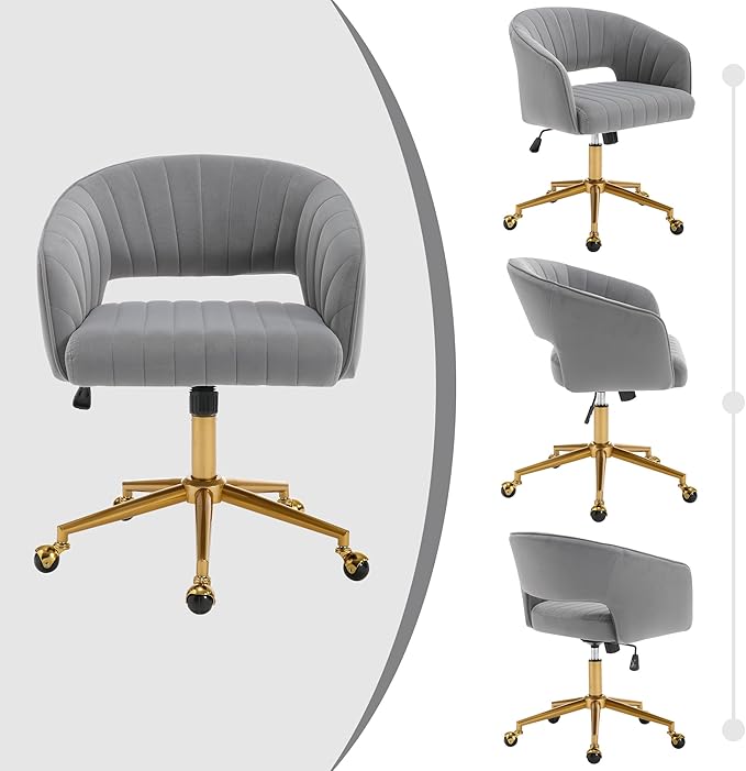 Westice Gray Home Office Desk Chairs, Modern Velvet Rolling Chair, Height Adjustable Swivel Vanity Chair with Golden Base, Ergonomic Chair for Study, Living Room Computer Room