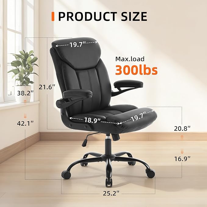 Home Office Ergonomic Desk Chair - Comfy Leather Executive Chair with Flip-Up Armrests, Lumbar Support, 360° Swivel & Rocking(Black)