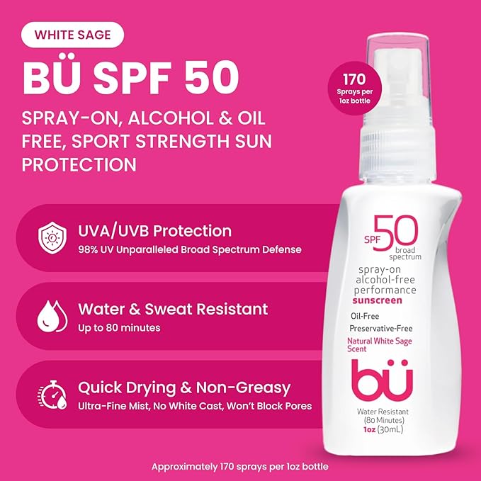 BU SPF 50 Sunscreen Spray for Face and Body, 2-Pack with 3.3 oz Fragrance Free and 1 oz White Sage, Clear, Non Greasy, Water Resistant