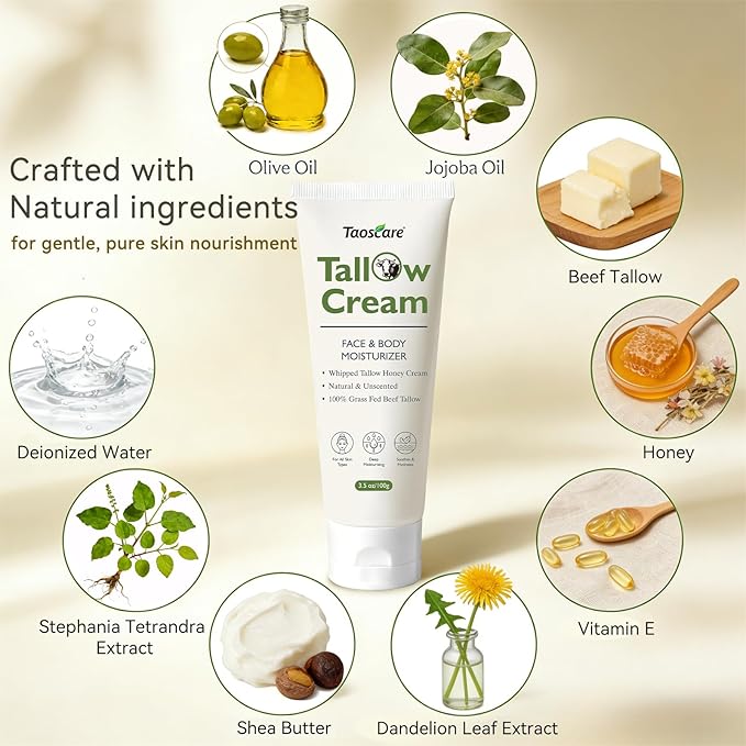 Beef Tallow for Skin, 100% Grass-Fed Whipped Tallow Balm – Organic Moisturizer for Face & Body – Deep Hydration for Dry & Sensitive Skin – Natural Tallow Cream