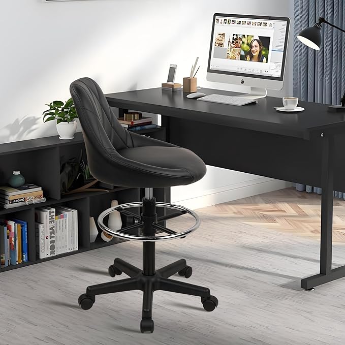 Drafting Chair with Backrest and Wheels, Adjustable Footrest Height Rolling Stool, PU Leather Tall Swivel Chairs Work Shop Office Desk Stools for Kitchen Home Bar, Black, 1 Pack