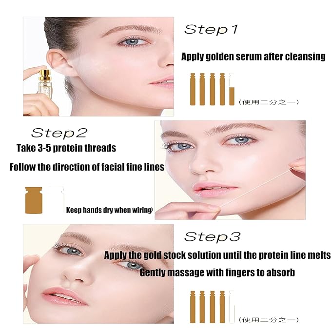 Soluble Protein Thread Lifting Set, Nano Gold Essence & Absorbable Collagen Silk Peptide Threads for Face, Hydrating Firming Skin Care Kit, Reduces Appearance of Fine Lines Wrinkles