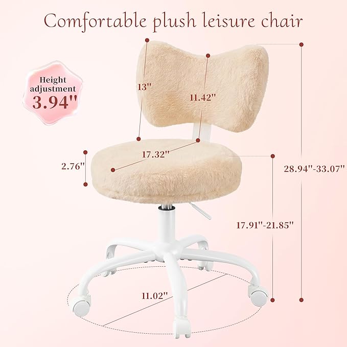 Vanity Chair with Wheels, Cute Desk Chair with Bow Backrest, Fluffy Faux Rabbit Fur Small Office Chair for Vanity, Make-up Room, Bedroom, Dorm, Height Adjustable, Orange Pink