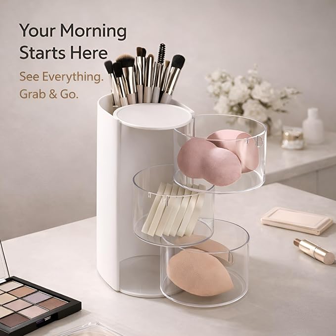 Hair Accessories Organizer with Hair Brush Holder, Rotating Makeup Brush Caddy for Girls Women, 3-Tier Clear Storage for Hair Clips, Ties, Jewelry & Necklaces, White