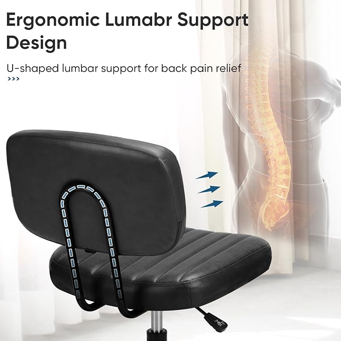 DUMOS Small Office Desk Chair - Armless PU Leather with Comfy Lumbar Support, Height Adjustable Rolling Swivel Task for No Arms, for Adult, Student, Bedroom, Home, Vanity, Black