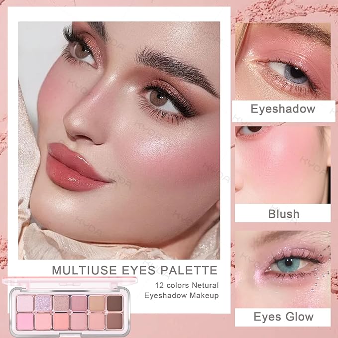 KYDA 12 Colors Pink Candy Eyeshadow Palette with Brush, High Pigment Matte Shimmer Pink Eye Shadow, Netural Eyes Palette for Women, Soft Blendable Powder Eyeshadow, Korean Eyes Makeup