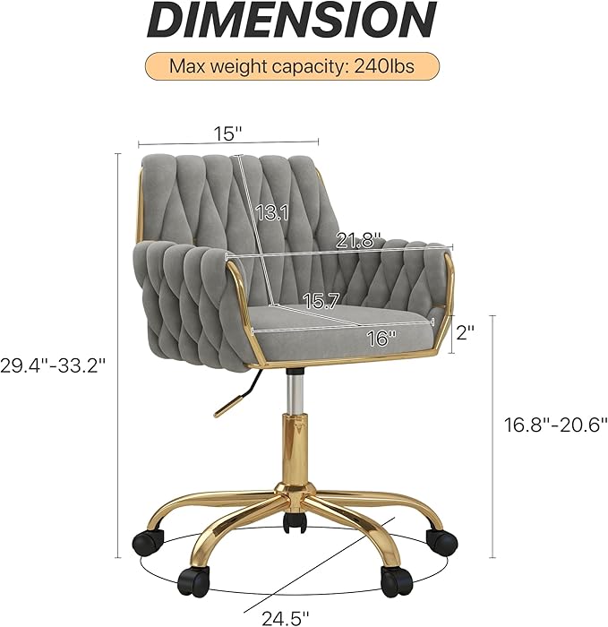 Velvet Home Office Chair, Modern Height Adjustable Cute Vanity Chair, 360° Swivel Makeup Chair Desk Chair with Golden Base and Hand Woven Backrest for for Bedroom/Study/Vanity(Light Gray)