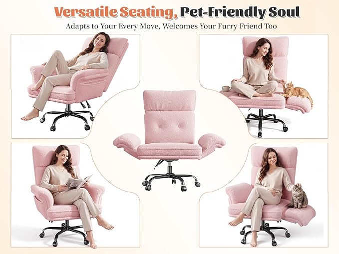 Big and Tall Office Chair with Adjustable Armrests & Wheels，145° Reclining Desk Chair Comfy,Pink Vanity Chair for Home,Office,Bedroom,Teddy Plush