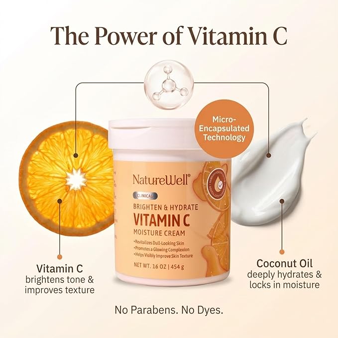 NATURE WELL Vitamin C Brightening Moisturizer Cream – Hydrating Face & Body Lotion with Coconut Oil, Helps Improve Uneven Skin Tone & Dark Spots, Anti-Aging Moisturizer for Smooth Radiant Skin, 10 Oz