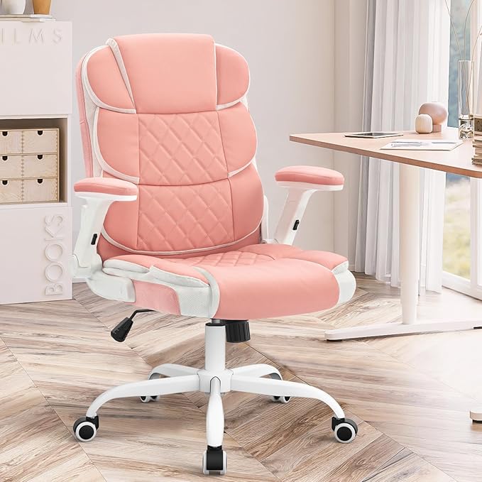 SEATZONE Ergonomic Office Chair Pink PU Leather Desk Chairs Computer Chair with Wheels and Flip-up Arms,Rolling Swivel Task Chair for Women,Girls