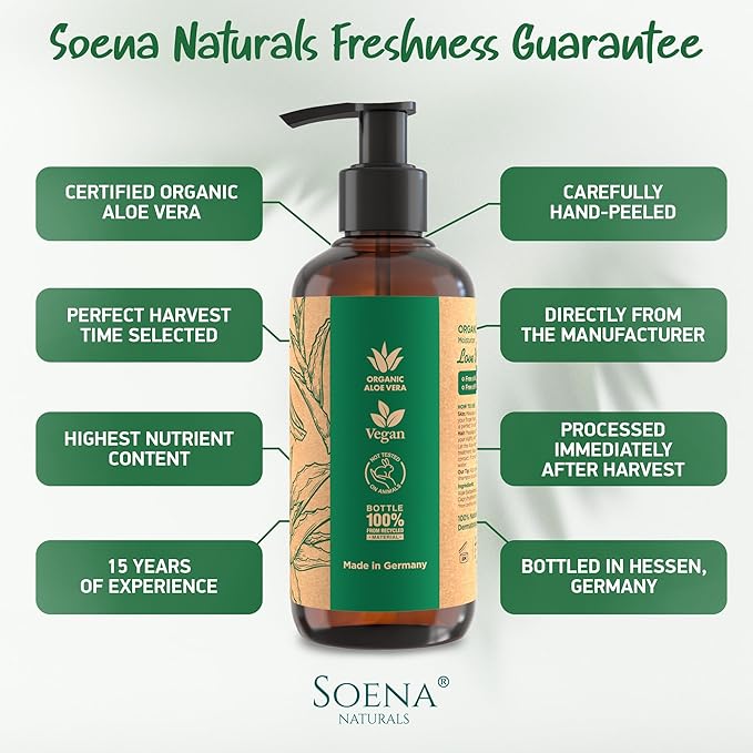Aloe Vera Gel Organic - FROM PURE ALOE LEAF JUICE - Vegan | 100% Natural & Unscented - Certified Organic - Made in Germany - Moisturizer - For Face, Skin, Hair, Sunburn relief