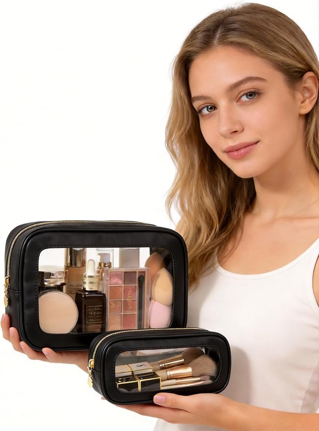 2Pcs Clear Makeup Bags Set, Clear Travel Makeup Brush Holder Leather Makeup Case Toiletry Bag with Zipper Portable Cosmetic Pouch Waterproof Makeup Brush Storage Bag Car Bag for Essentials (Black Set)