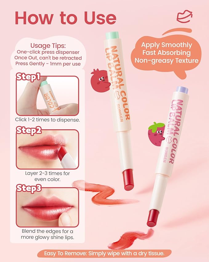 RUNBEN Kids Tinted Lip Balm, Juicy Pomegranate Lipstick, 24H Moisturizing, Safe & Non-toxic Lip Gloss for Kids & Teen, Christmas Makeup Gift for Girls
