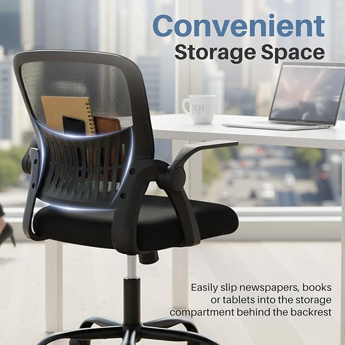 DUMOS Home Office Computer Chair - Ergonomic Mid Back Desk with Lumbar Support and Rocking Mode, Height Adjustable with Flip-up Armrest, for Conference Meeting Room, 360° Swivel, Adults, Black