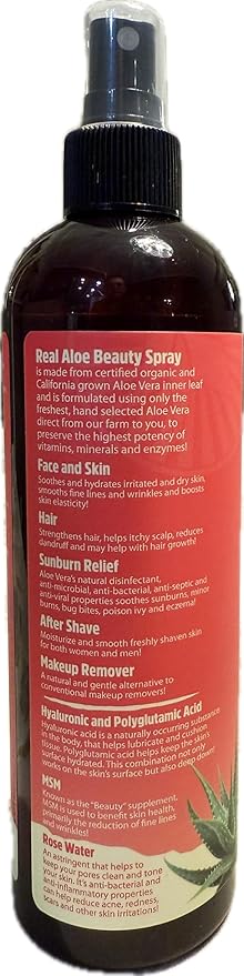 Real Aloe Aloe Vera Toner Spray (12 fl oz) | Certified Organic California-Grown Aloe | Hydrating Facial Toner & Mist for Skin & Hair | After Sun, After Shave & Makeup Removal | Made in USA