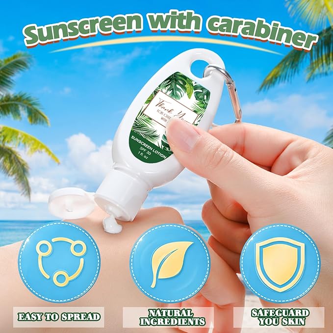 Leelosp 30 Pcs Mini Sunscreen with Carabiner Bulk Travel Size 1 Fl. oz. Spf 30 Mini Sunblock Lotion with Clip Thank You Gifts Party Favor for Guest Wedding Bridal Shower Bachelorette Summer Outdoor