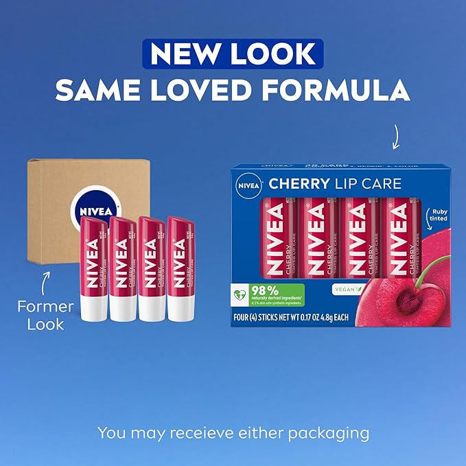 NIVEA Cherry Lip Care,Ruby Tinted Lip Balm Pack with Shea Butter,Nourishing Oils and Vitamin C & E,3-in-1 Moisture,Repair and Color,0.17 Oz Stick,(Pack of 8)