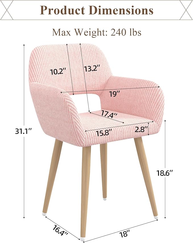 Home Office Desk Chair Set of 4, Corduroy Fabric Vanity Chair for Makeup with Hollow Backrest, Comfy Armchair Wood Frame with Strudy Metal Legs, Pink
