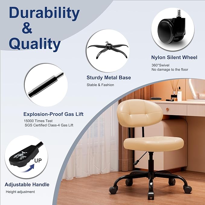 Misolant Vanity Chair with back, Small Armless Cute office Chair with wheels and Lumbar support, Comfy PU Leather Desk Computer Chairs with Adjustable Height, 360°Swivel for Home Bedroom Office, Khaki